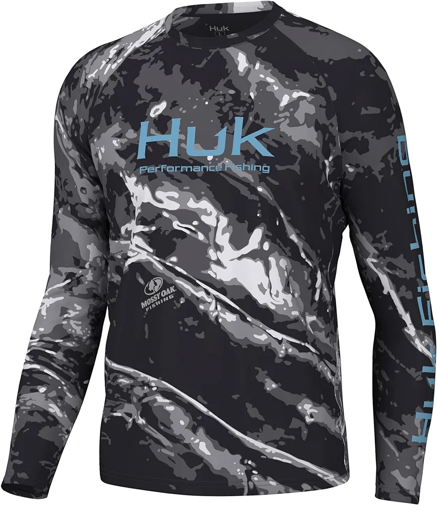 HUK Men's Standard Pursuit Pattern Crew Sleeve, Performance Shirt, Mossy Oak-Stormwater Midnight