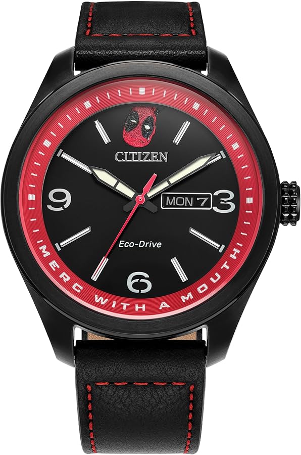 Citizen Men's Eco-Drive Marvel 'Here Comes Deadpool' Black Ion Plated Stainless Steel Case with Black Leather Strap Watch,Black Dial,42mm (Model: AW0145-02W)