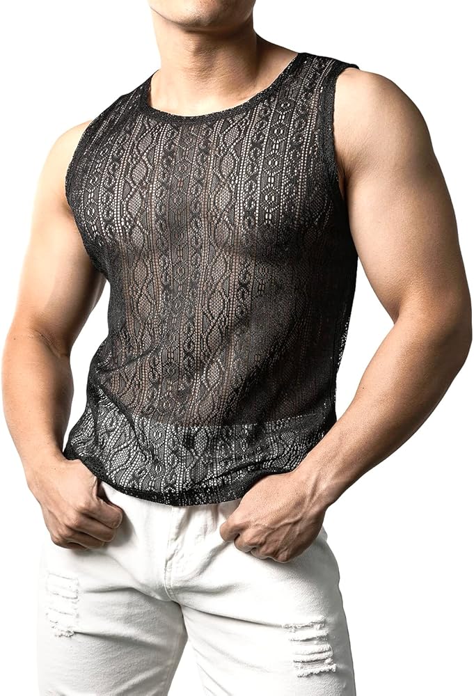 JOGAL Mens See through Lace Shirts Sleeveless Muscle Tops