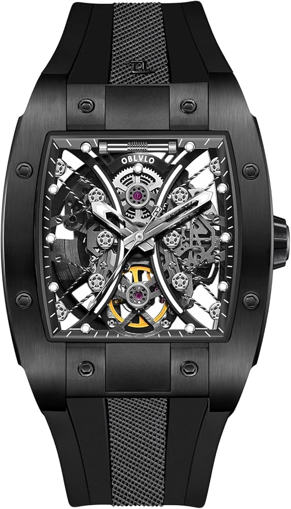 Luxury Brand Sport Watch for Men Square Tonneau Skeleton Steel Carbon Fibre Automatic Mechanical Watch Rubber Strap Watches EM-S