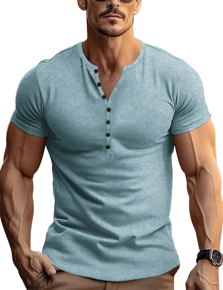 Retro Henley Shirts for Men Short Sleeve Distressed Casual Button Slim Fit Tee Shirts