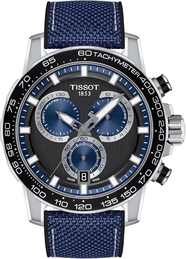 Tissot Mens Supersport Chrono 316L Stainless Steel case Swiss Quartz Watch, Blue, Black, Textile, 22 (T1256171705103)