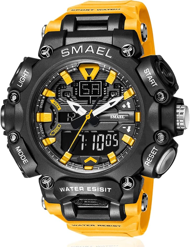 SMAEL Men's Analog Sports Watch Military Watch Outdoor LED Stopwatch Digital Electronic Large Dual Display Waterproof Tactical Army Yellow Wrist Watches for Men