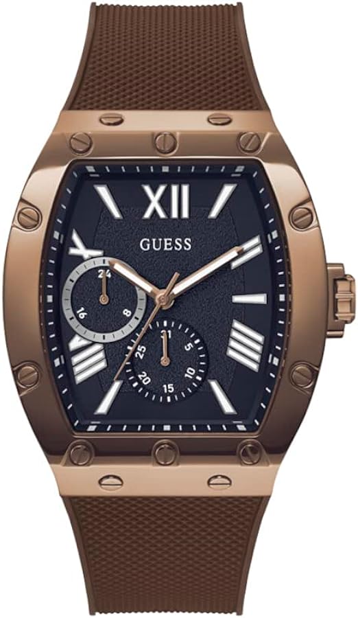 GUESS Men's 43mm Watch - Brown Strap Navy Dial Coffee Case