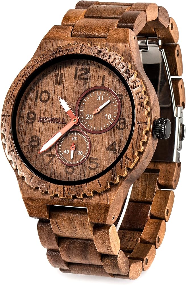 BEWELL Mens Wood Watch Quartz Analog Date Display Luminous Retro Handmade Wooden Wristwatch for Men (Walnut)