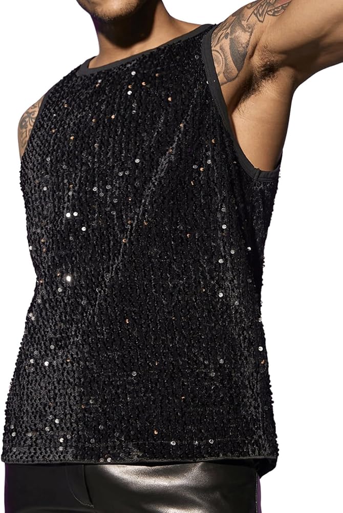 GORGLITTER Men's Sleeveless Glitter Rave Shirt Round Neck Sequin Disco Party Tank Top