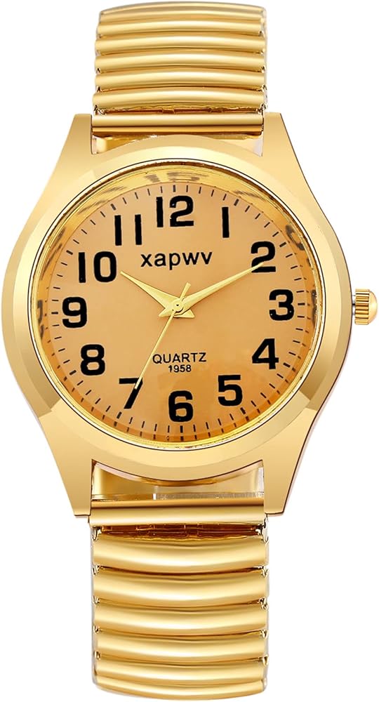 JewelryWe Mens Big Dial Easy Reader Quartz Watch Gold/Silver Tone Elastic Band Wristwatch