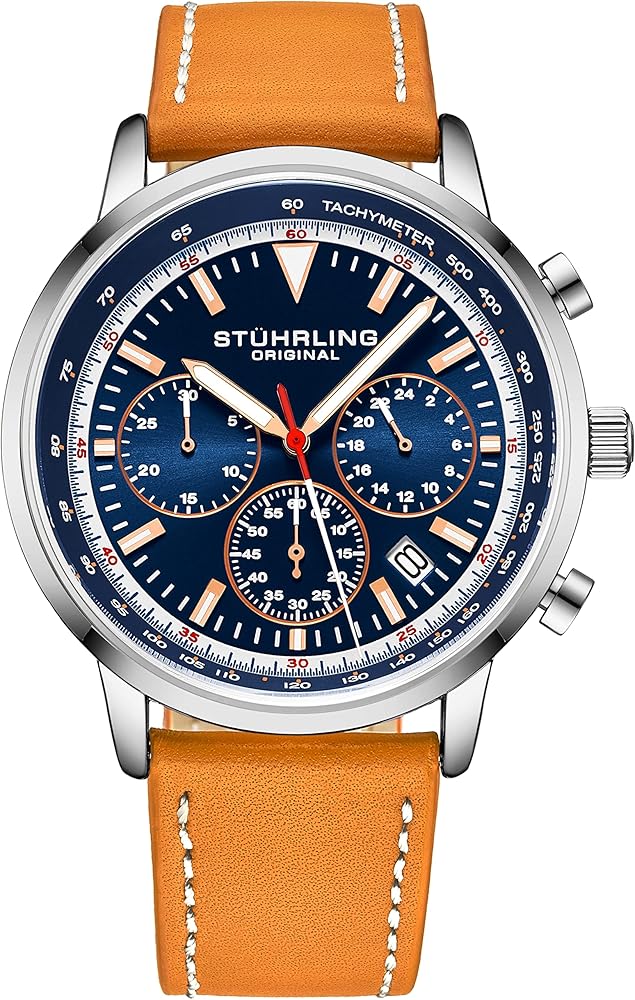 Stuhrling Original Chronograph Watch Men's Watches 44mm Steel Case Blue Dial with Leather Strap Tachymeter 24-Hour Subdial