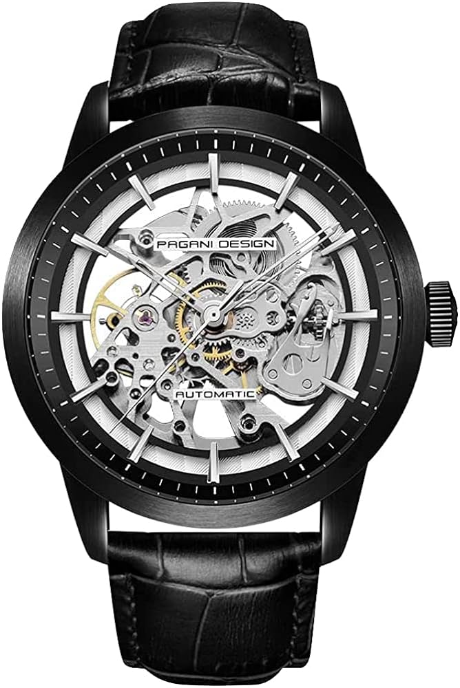 RollsTimi Pagani Design 2024 Men's Automatic Skeleton Watch, self-Winding, Stainless Steel, Leather Strap, Pointer Series, Water Resistant to 100 Meters