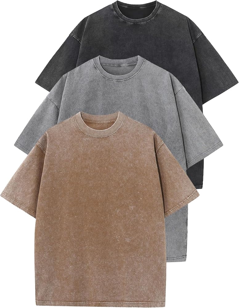 Flygo 3 Pack Men Oversized T Shirts Acid Washed Unisex Tee Loose Fit Short Sleeve Casual Streetwear Baggy Basic Tops