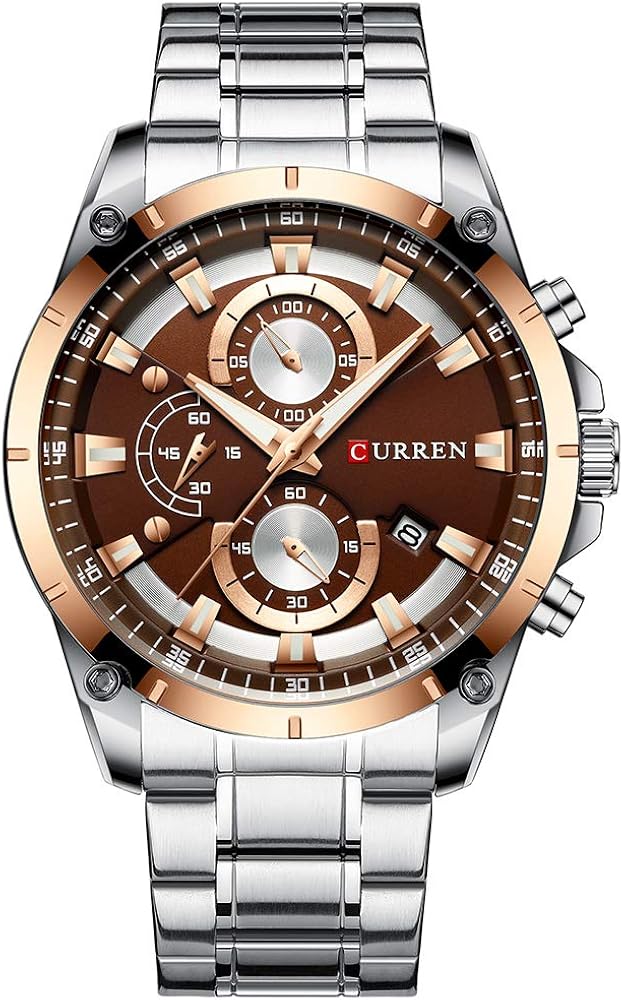 CURREN Creative Design Watches Men Luxury Quartz Wristwatch with Stainless Steel Chronograph Sport Watch Male (Silver brown)