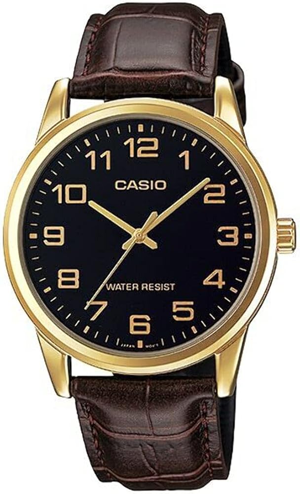 Casio MTP-V001GL-1B Men's Gold Tone Leather Band Easy Reader Black Dial Watch