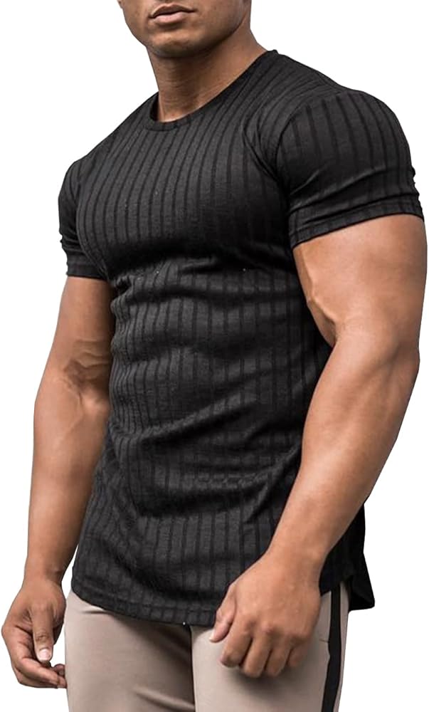 URRU Men's Muscle T Shirts Stretch Short Sleeve Bodybuilding Workout Casual Slim Fit Tee Shirts