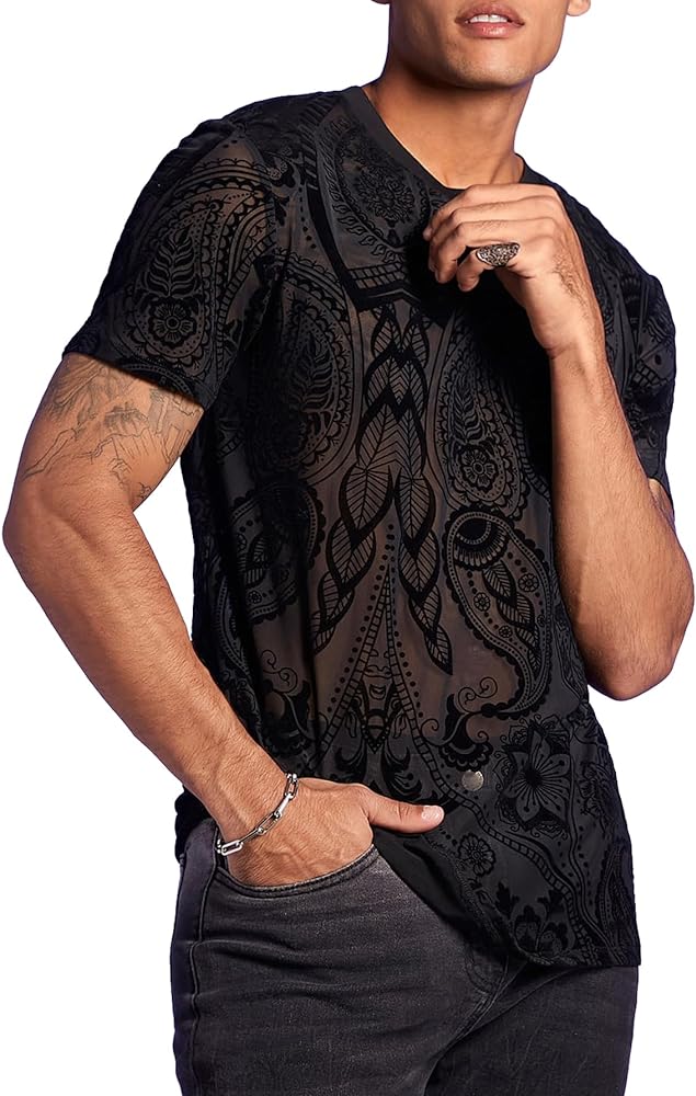 OYOANGLE Men's Paisley Graphic Sheer Mesh Short Sleeve Round Neck Blouse Top