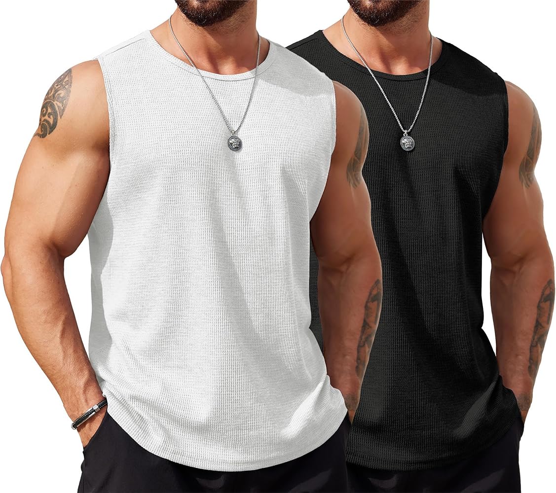 COOFANDY Men's Knitted Tank Tops 2 Pack Sleeveless Casual T Shirts Summer Beach Tank Shirts Waffle Tee