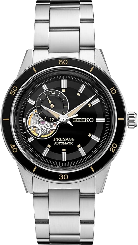 SEIKO SSA425 Automatic Watch for Men - Presage Collection - Black Open-Aperture Dial with Vintage 1960s Watch Inspiration - 50M Water Resistant