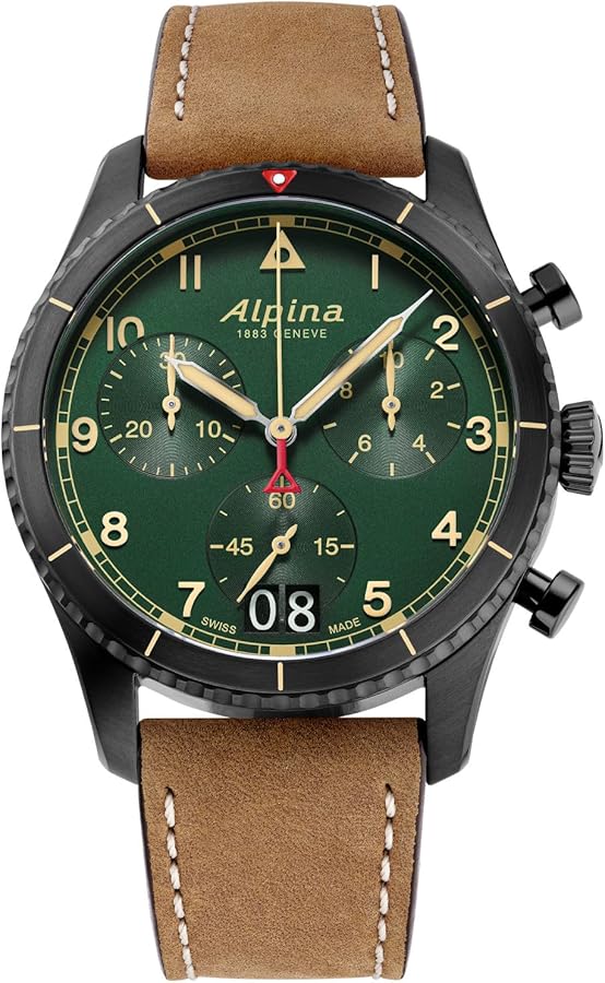 ALPINA Men's Startimer Chronograph Big Date Swiss Made Quartz Stainless Steel Case with Brown Leather Strap Watch