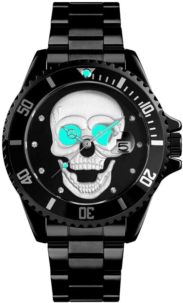 Skull Watches for Men 3D Skeleton Unidirectional Bezel 30M Waterproof Quartz Wristwatches