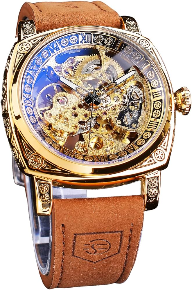 FORSINING Watches for Man, Square Retro Mechanical Watch Self-Wind Carved, Skeleton Automatic Watches Vintage Leather Strap Wristwatch