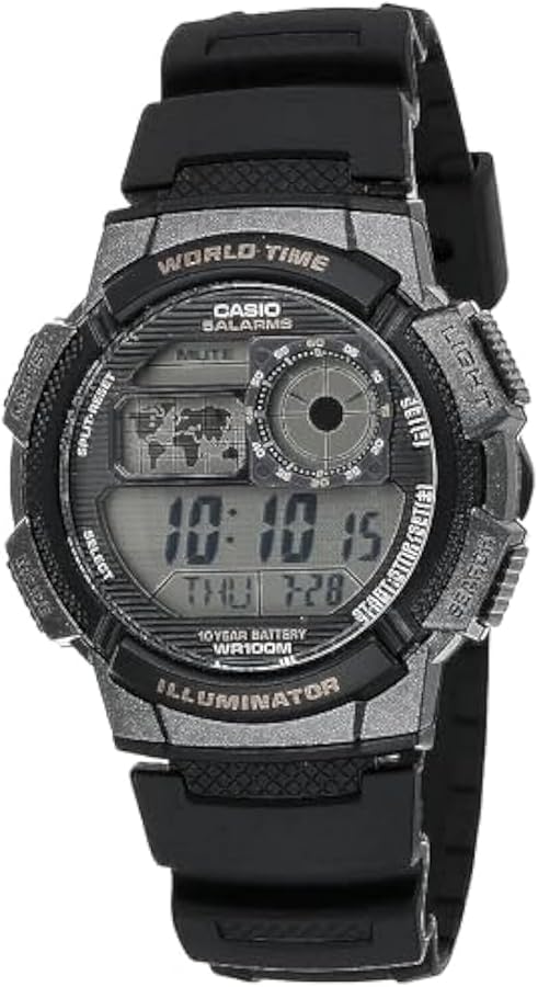 Casio AE1000W Series | Men’s Digital Watch | Black | 100M WR | Multi Alarms | 100 SEC Stopwatch | Countdown Timer | World Map for World Time | LED Light | LC Analog Display | 10 Year Battery