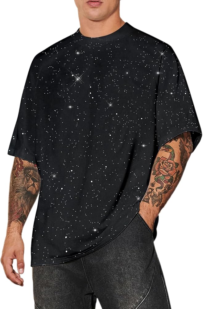 Weiyuqi Oversized Sparkly Sequin Shirts for Men Sparkly Bling Tshirts Trendy Loose Casual Basic Tees Streetwear Baggy Tops