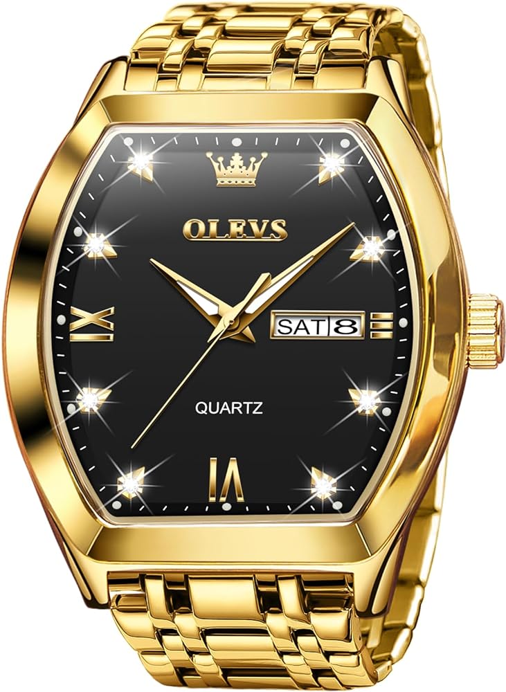 OLEVS Gold Watches for Men Design Diamond Square Tonneau Stainless Steel Waterproof Luminous Unique Luxury Business Day Date Wrist Watches Mens