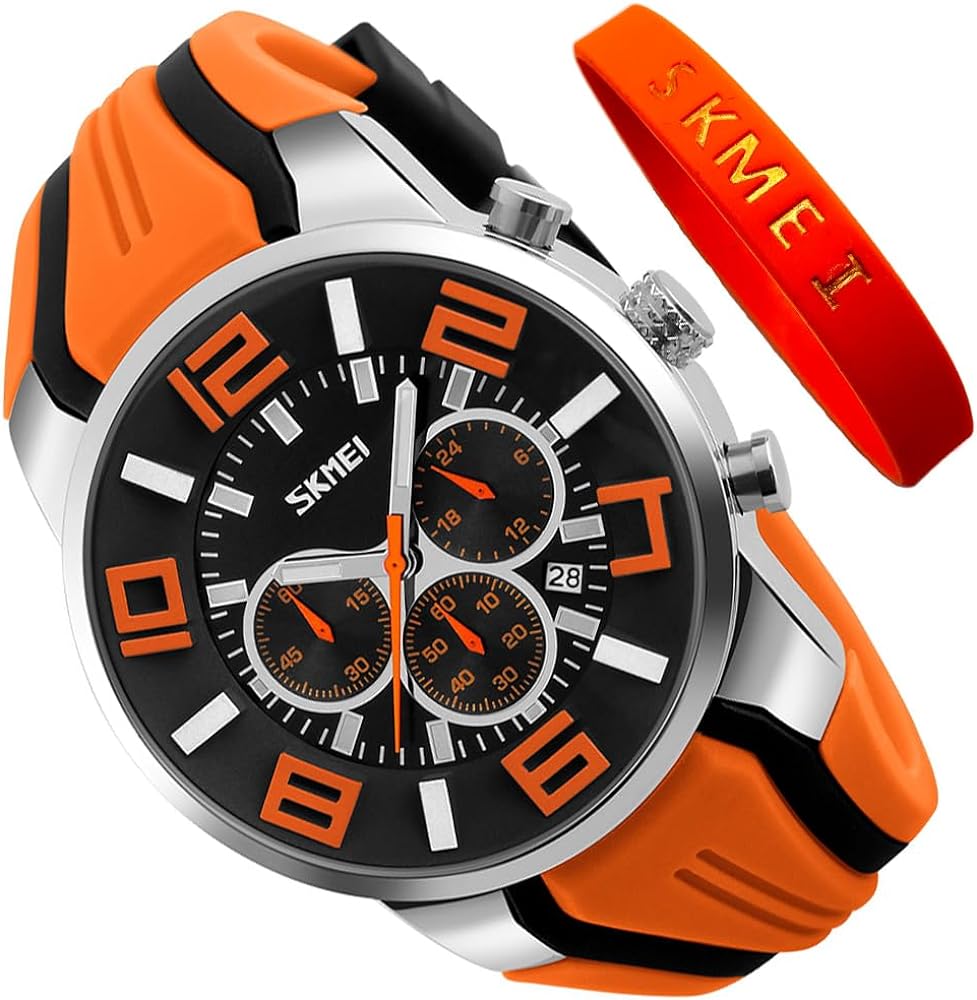 SKMEI Men Watches Silicone Band Young Waterproof Sports Fashion Casual Large Big Face Chronograph Luxury Luminous Analog Quartz Black Wrist Watch Gifts