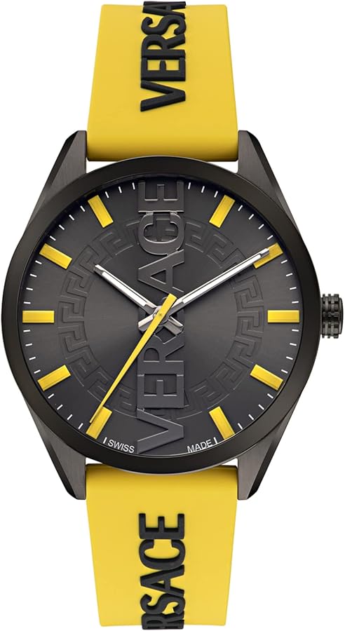 Versace V-Vertical Collection Luxury Mens Watch Timepiece with a Yellow Strap Featuring a IP Gunmetal Case and Grey Dial