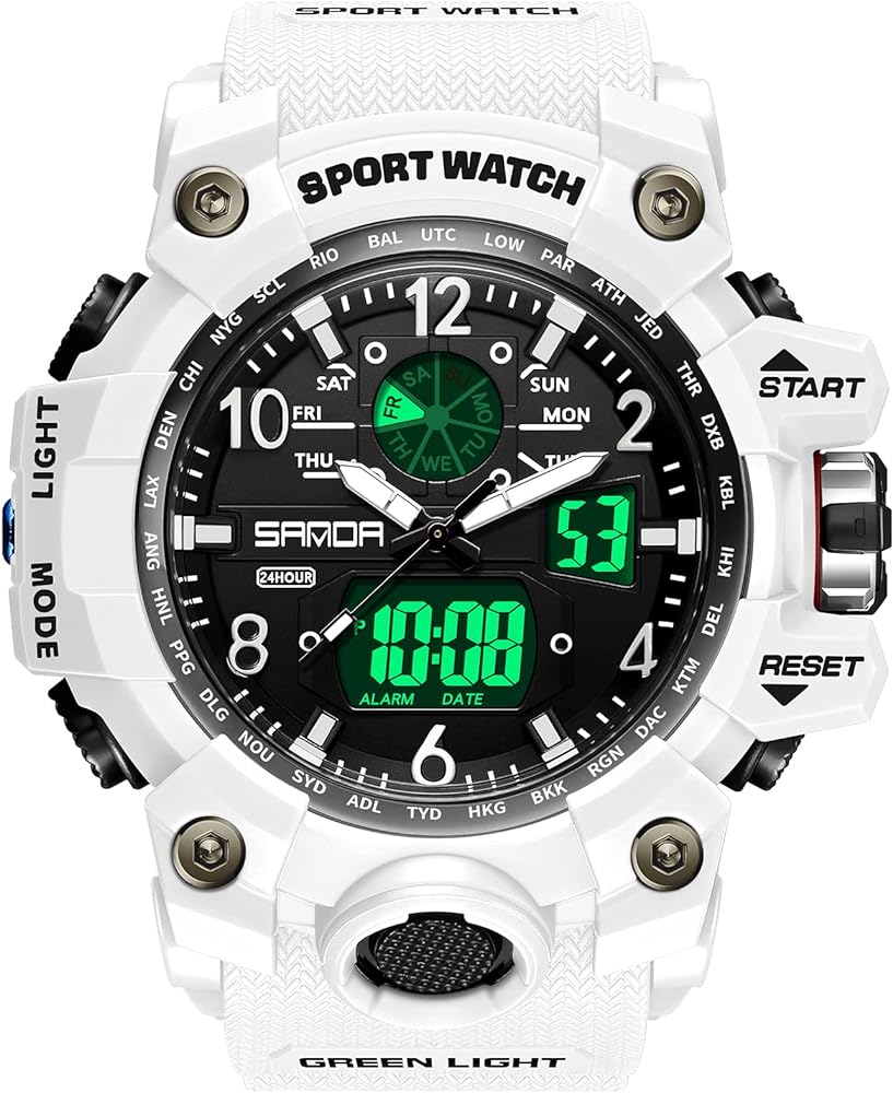 Men’s Military Watch, Dual-Display Waterproof Sports Digital Watch Big Wrist for Men with Alarm (3169-white)