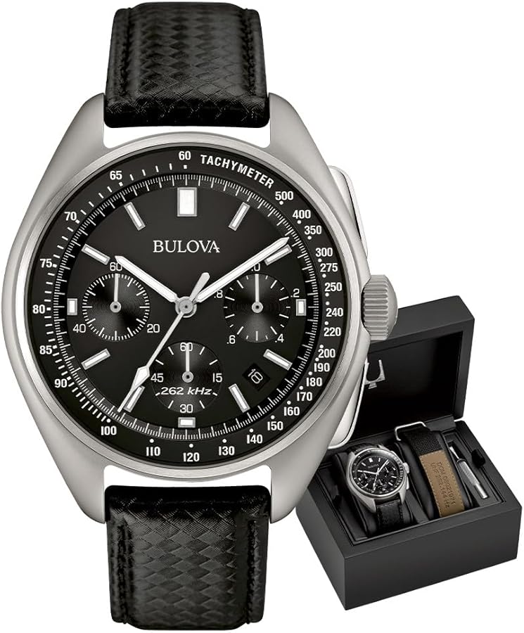 Bulova Men's Archive Series Lunar Pilot 6-Hand Chronograph High Performance Quartz Stainless Steel and Black Nylon Strap Watch Set, Sapphire Crystal Style: 96B251