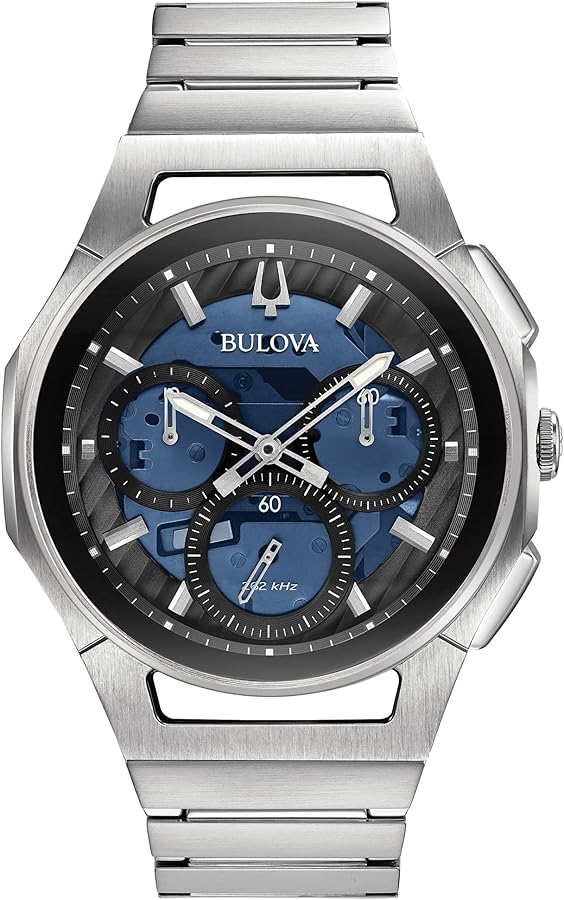 Bulova Men's CURV High Performance Quartz Stainless Steel Watch, 5-Hand Chronograph, Sapphire Crystal, Luminous Hands, Stainless Steel/ Blue Dial