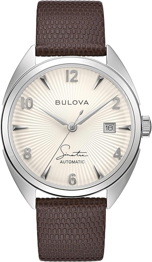 Bulova Men's Frank Sinatra 'Fly Me to The Moon' Automatic Stainless Steel Case Watch, Textured Leather Strap, 42 Hour Power Reserve, 3 Hand