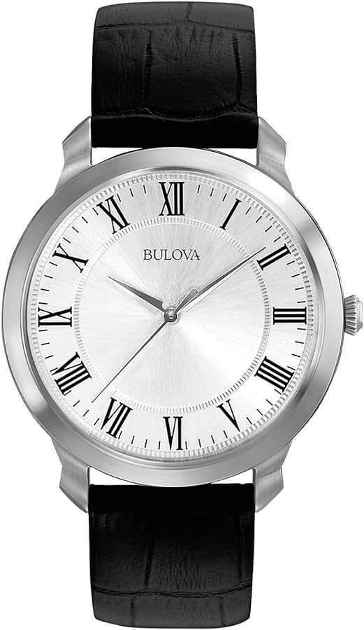 Bulova Men's Classic 3-Hand Quartz Black Leather Strap Watch, Roman Numeral Markers, 41mm