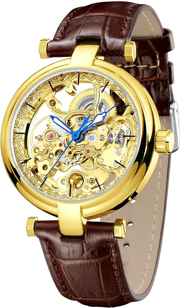 Carlien Skeleton Automatic Steampunk Watches Gold-Tone Luminous Hands Leather Strap Wrist-Watch