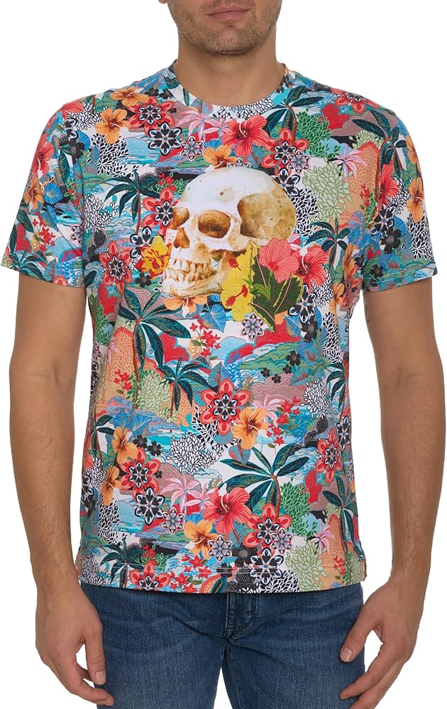 Robert Graham Men Tropical Skull Short Sleeve Knit Graphic T Shirt, Multi, Medium