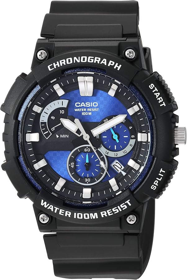 Casio MCW200H Series | Men’s Analog Watch | Black/Blue | 100M WR | Retrograde Chronograph | 1 Second Stopwatch | Date Display | Multi Dial | Resin Glass | Resin Case | Resin Band | 3 Year Batt