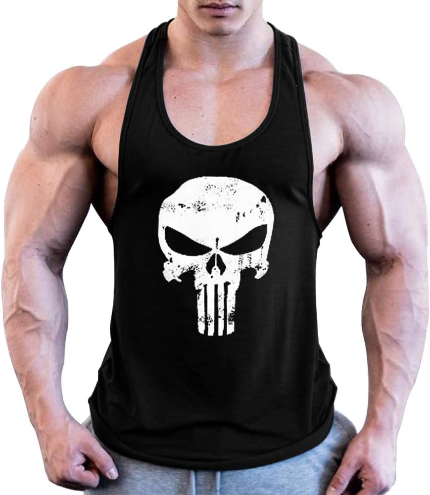 utcoco Men's Skull Print Tank Tops Gym Muscle Workout Combed Cotton Sleeveless Shirts