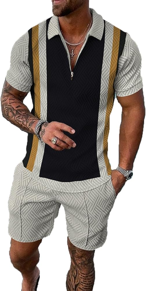 Men Track Suits 2 Piece Set Summer Casual Outfits Fashion Polo Shirts Short Sleeve and Shorts Set Vacation Clothes