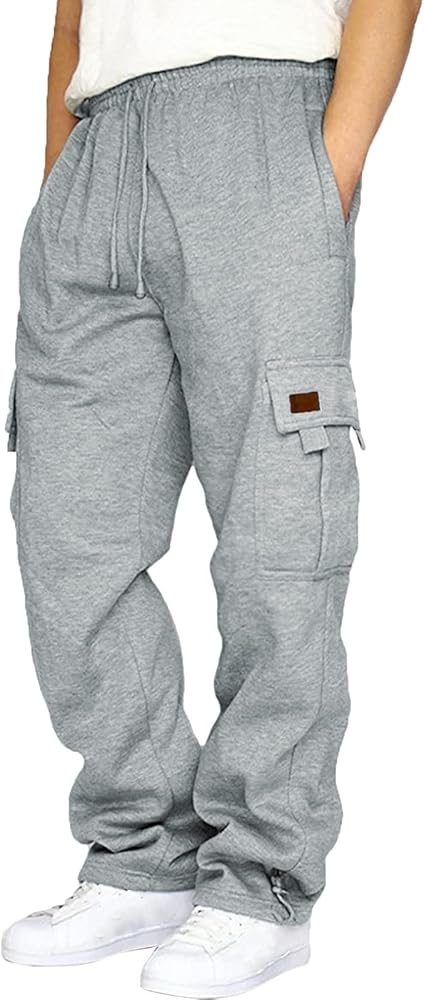 Men's Heavyweight Cargo Fleece Sweatpants Stretch Elastic Waist Jogger Sport Pants Drawstring Sports Trousers