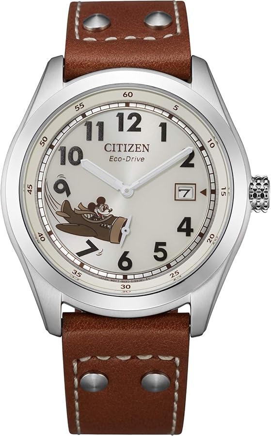 Citizen Eco-Drive Men's Disney Mickey Mouse Aviator Watch, Stainless Steel with Brown Leather Strap, 3-Hand Date, 40mm (Model: BV1088-08W)