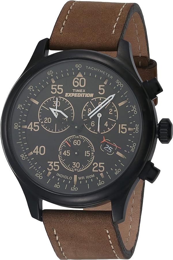 Timex Men's Expedition Field Chrono 43mm Watch - Brown Strap Black Dial Silver-Tone Case