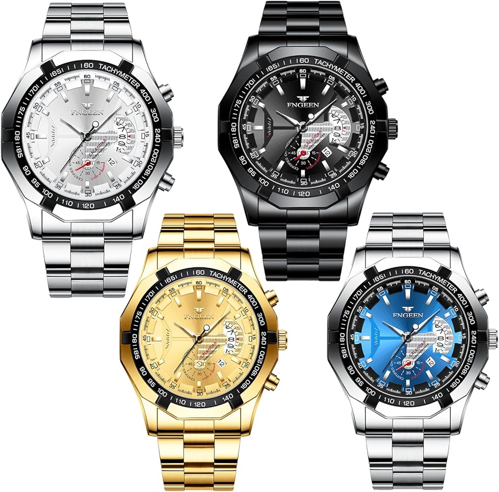 4 Pack Men's Stainless Steel Watches Waterproof Date Luminous Big Face Gold Silver Black Blue Business Dress Sports Luxury Casual Analog Quartz Wrist Watches Set Assorts Wholesales