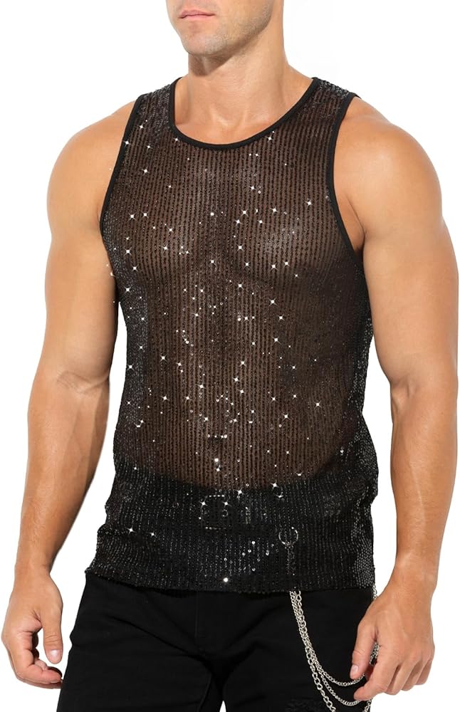 Arjen Kroos Men's Sexy Sparkly Tank Top See-through Mesh Sequin Disco Vest