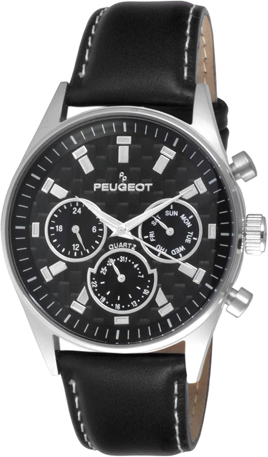 Peugeot Men's Stainless Steel Dress Wrist Watch, Multi-Function with Calendar and Genuine Leather Strap