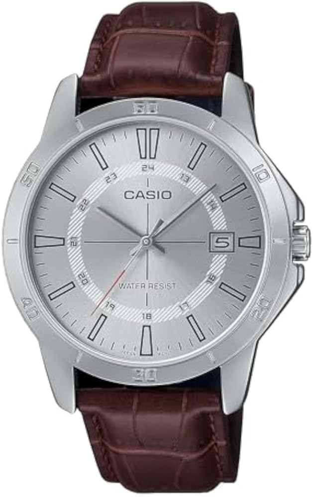 Casio MTP-V004L-7C Men's Stainless Steel Brown Leather Band Silver 24 Hour Dial Date Watch