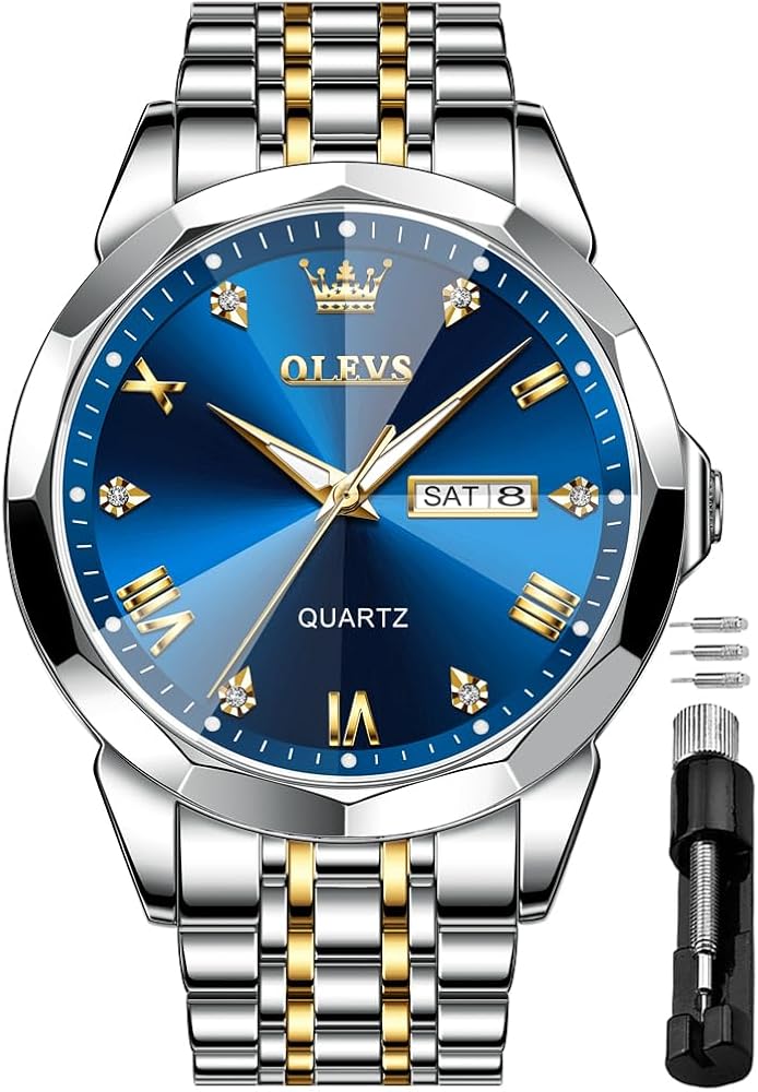 OLEVS Men Watches Business Dress Diamond Analog Quartz Date Luxury Wrist Watch Casual Stainless Steel Waterproof Luminous Two Tone Watch for Men