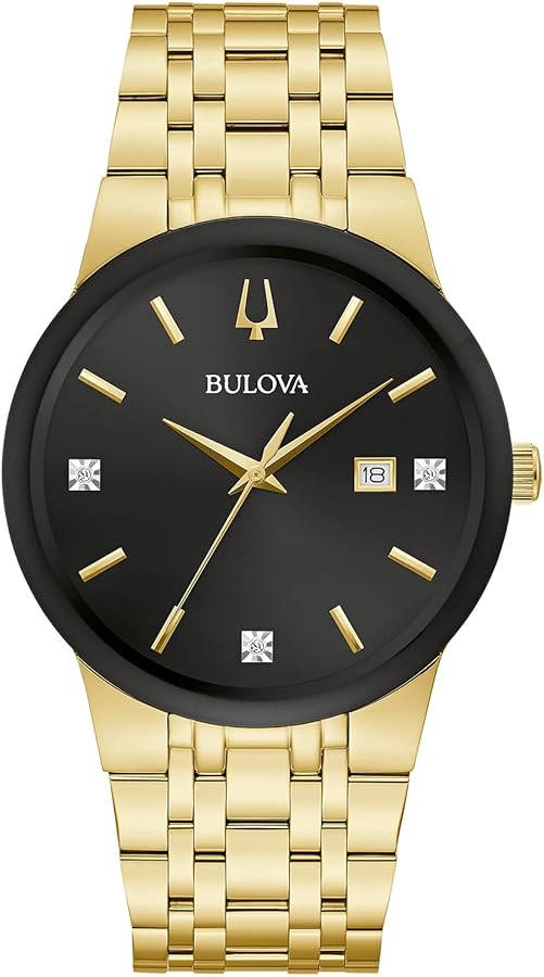 Bulova Men's Modern Gold Tone Stainless Steel 3-Hand Calendar Date Quartz Watch, Diamond Dial