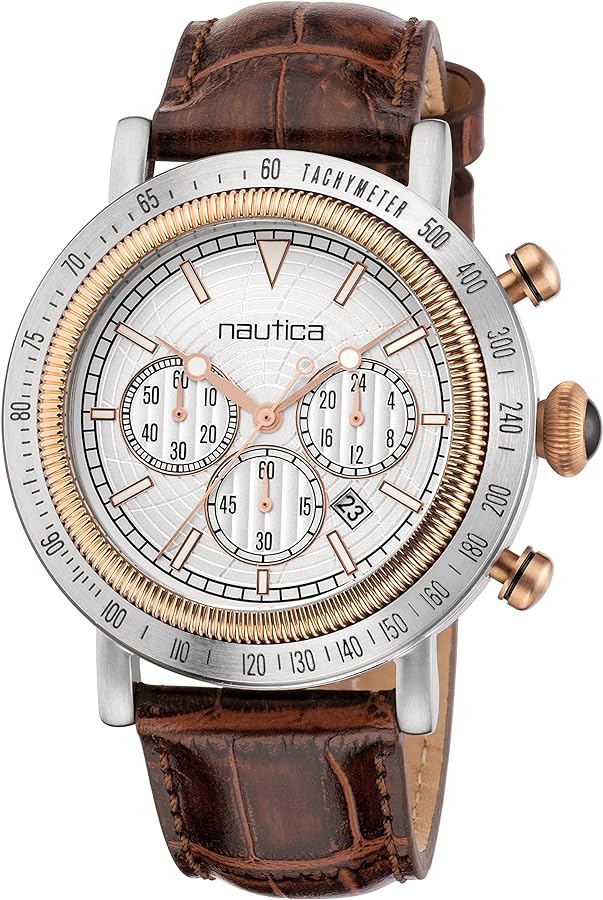 Nautica Men's Spettacolare Reissue Brown Croco Leather Strap and Two-Tone Stainless Steel Bracelet Watch (Model: NAPSPF204)