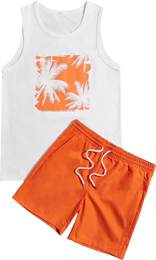 GORGLITTER Men's 2 Piece Outfits Tropical Print Sleeveless Tank Top and Drawstring Waist Shorts Set