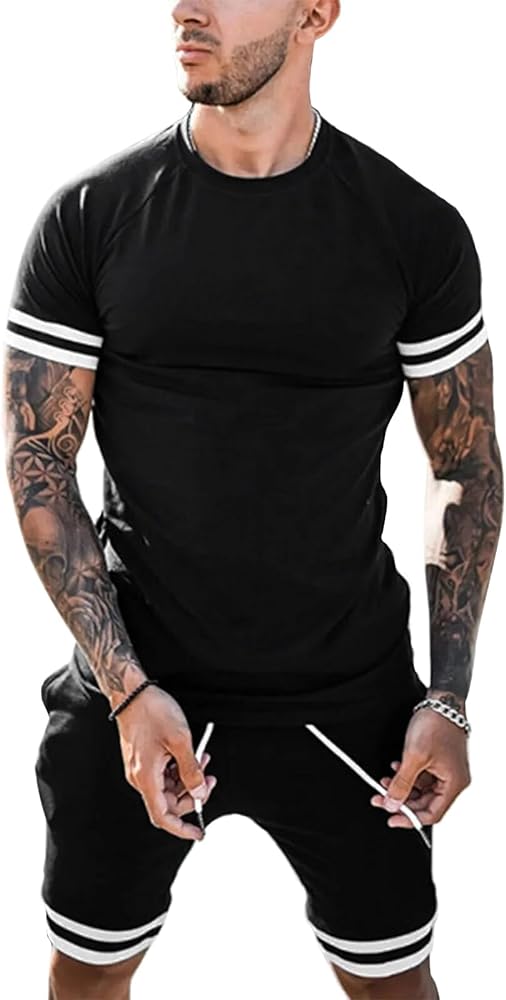 Mens Short Sets 2 Piece Outfits Fashion Short Sleeve Summer Tracksuits Casual Set with Pockets